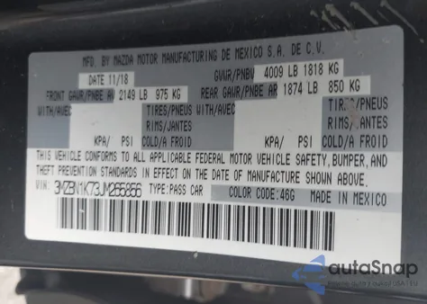 2018 Mazda Mazda3 Sport из США, поврежденный, VIN 3MZBN1K73JM265856